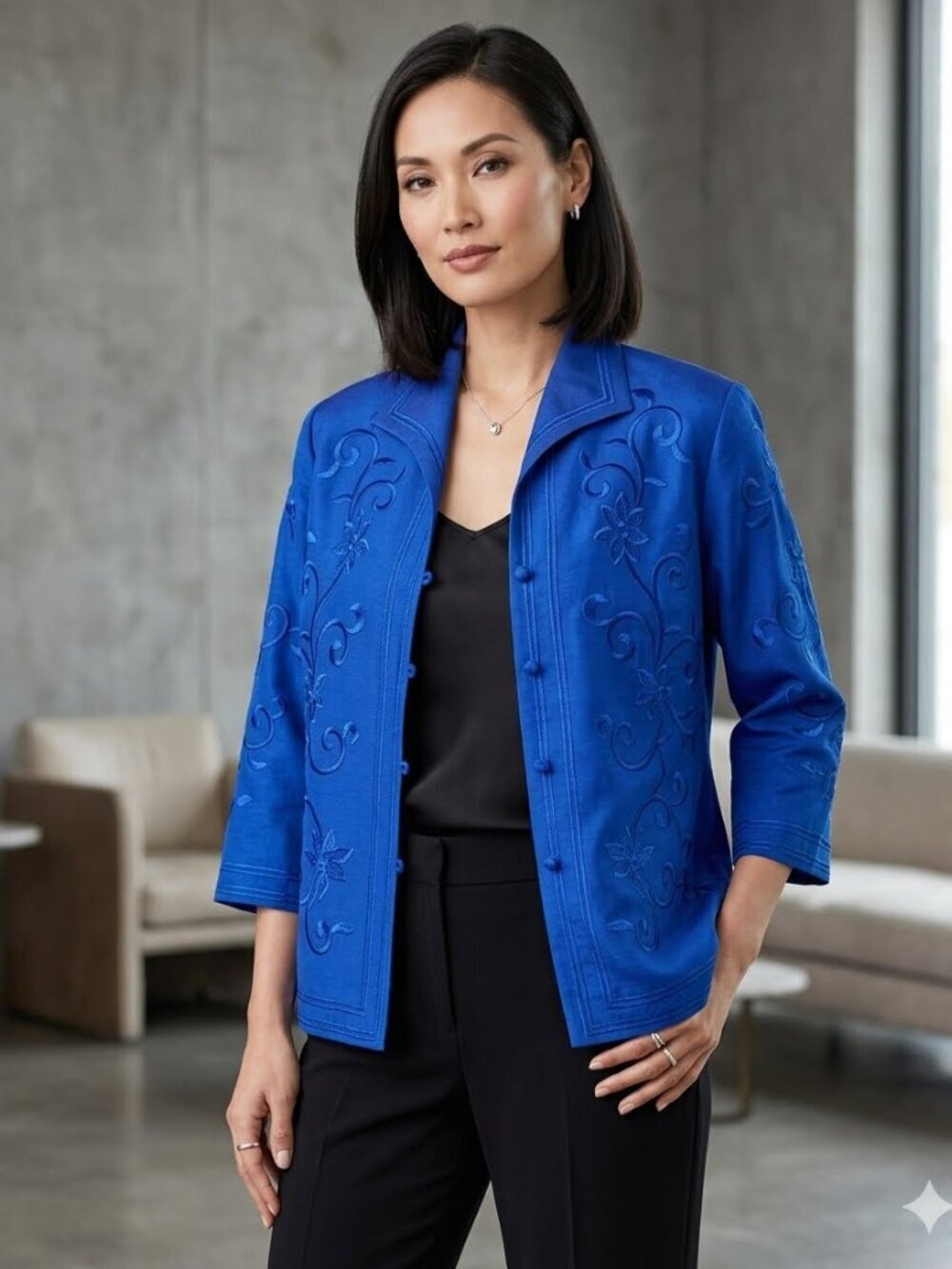 Jessica Howard 12 Blue Linen Blend Floral Embroidered Beaded 3/4 Sleeve Jacket